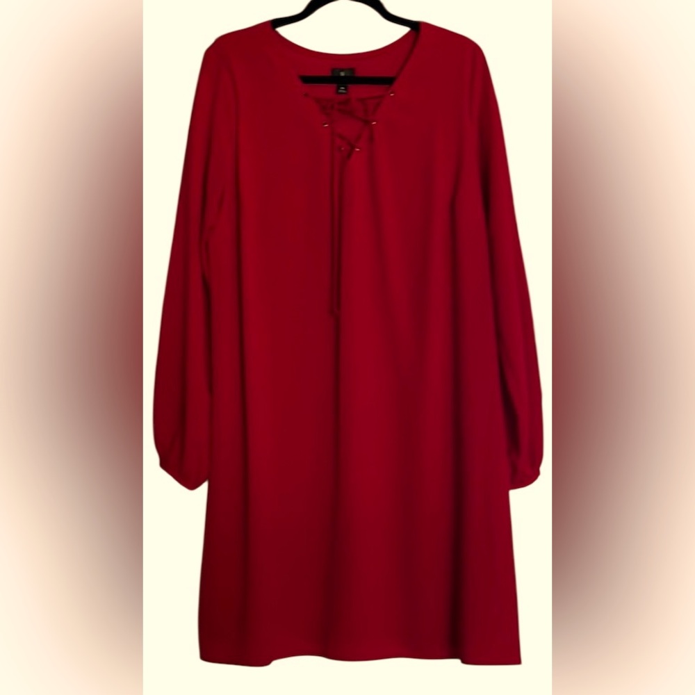 WORTHINGTON Solid Apple Red Lace Up Long Sleeve Shift Dress, Size XL, GUC.